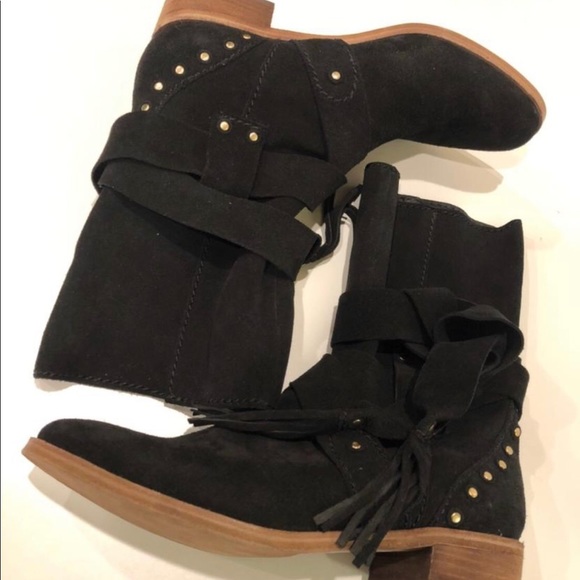 See By Chole Tassel Strap Studded Suede Flat Boots - Size 36.5 - NEW - in Black - Picture 6 of 8
